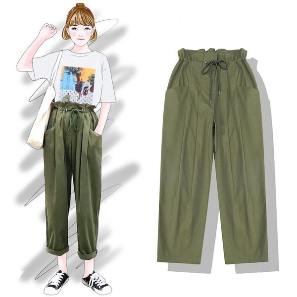 

women's pants & capris 2021 fashion summer adjustment buckle flower waist carrot female tide, Black;white
