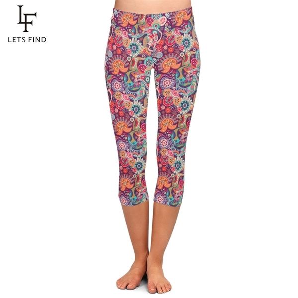 LETSFIND Mode Frauen Casual Leggings Hohe Taille 3D Cashew Blumen Digitaldruck Plus Größe Mid-Calf 3/4 Stretch 210925