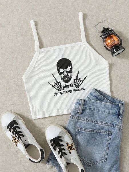 

letter and skull print rib-knit crop cami c5rr#, White