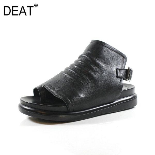 

dress shoes [deat] 2021 spring summer round toe black buckle strap genuine leather wedges sandals for women fashion tide 10g305