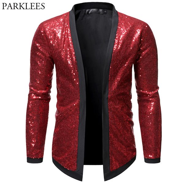 Bomber con paillettes Uomo Giacche glitterate rosse lucide Uomo Cardigan Nightclub Dj Show Dance Stage Performance Mens Chaqueta Hombre 210524