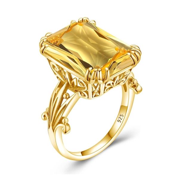 

luxury 18k gold color 13*18mm big rectangle citrine ring for women gemstones real 925 sterling silver shiny wedding jewelry gift 210924, Slivery;golden