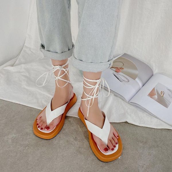 

sandals women beach rome flat shoes summer lace up thong platform black white basic open toe casual size40