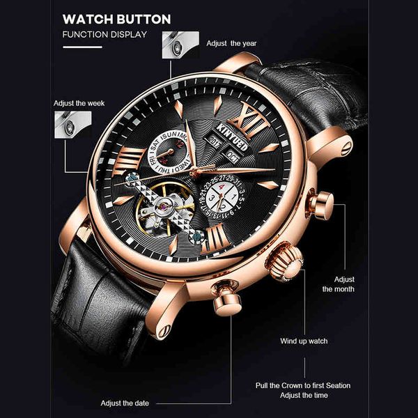 

kinyued automatic mechanical watch fashion leather waterproof men's watches perpetual calendar reloj hombre gift box packaging, Slivery;brown