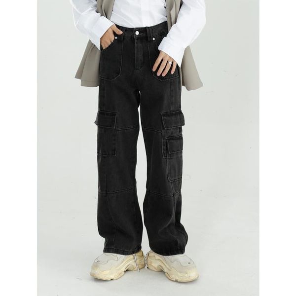 

black clothing men 2021 autumn vintage jeans washed loose wide leg pants straight cargo baggy denim streetwear men's, Blue