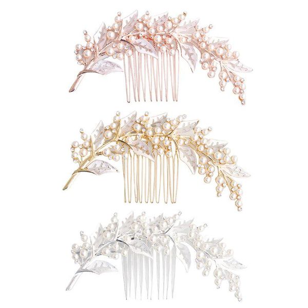

metallic hollow out leaves wedding hair comb imitation pearl rhinestone bridal prom party ponytail veil holder hairpin accessory accessories