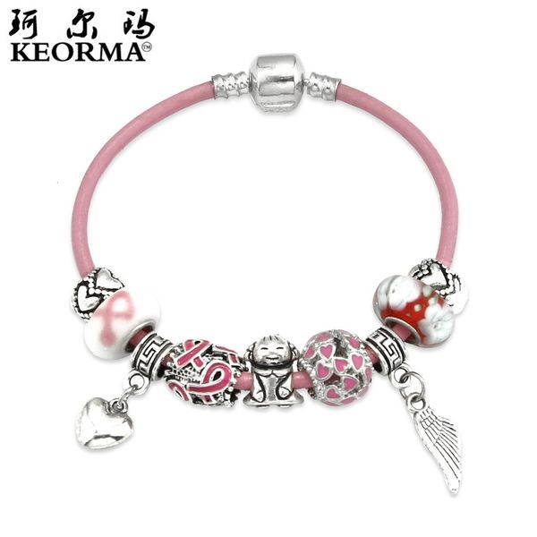 

souvenirs hand catenary boutique glass large hole bead bracelet pink ribbon peach heart creative cowhide rope women's jewelry