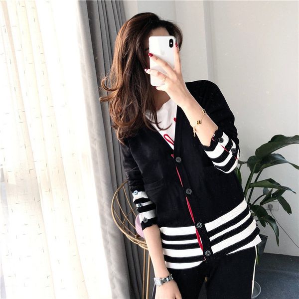 

ice hemp black and white stripe knitted cardigan sunscreen air conditioner shirt, White;black