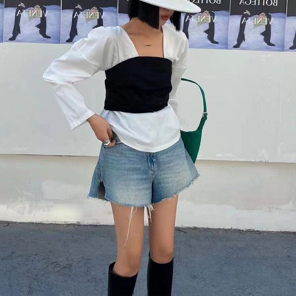 

blouses casual fake two shirt for women square collar long sleeve patchwork hit color blouse female fashion clothing, White