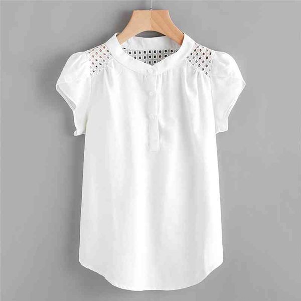 

solid o neck womens shirt hollow out short butterfly sleeve casual blouse, White