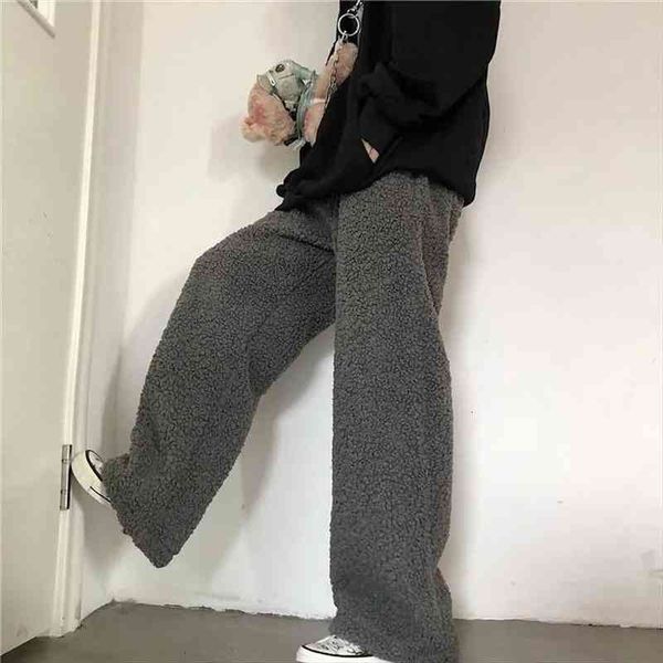 

thick warm wide leg winter womens capris fashion lamb wool trousers women high waist all-match oversize casual clothes, Black;white
