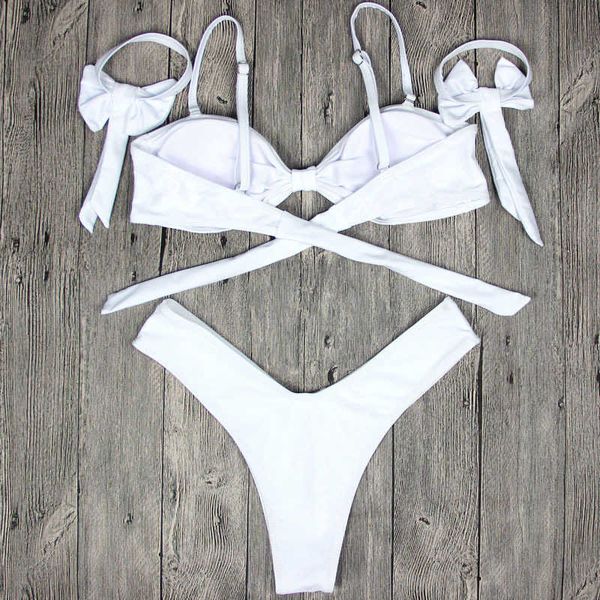 Kadınlar Beyaz Seksi Büyük Yay Bandeau Mayo Yastıklı Mayo Brezilyalı Bandaj Katı Yüzme Suit Bikini Set Maillot de Bain Femme Y0820