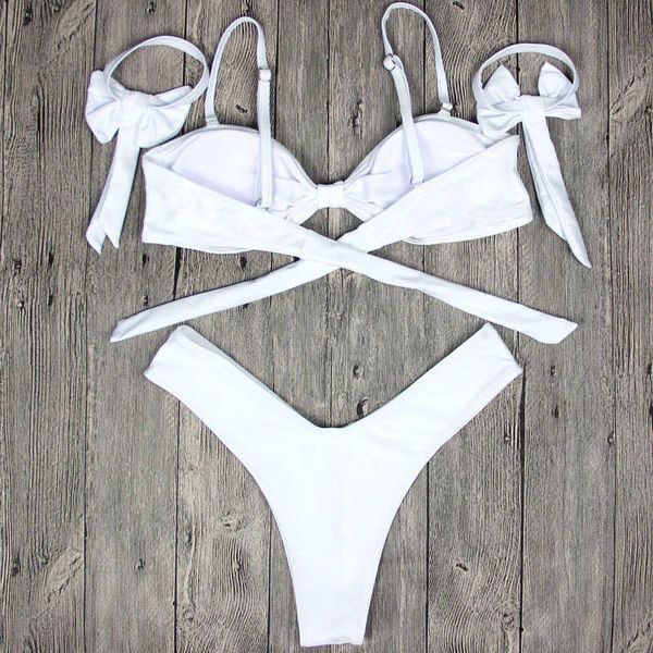 Mulheres Branco Sexy Big Bandeau Bandeau Banddeu Padded Swimwear Brasileiro Bandagem Sólida Natação Terno Biquini Set Maillot de Bain Femme Y0820