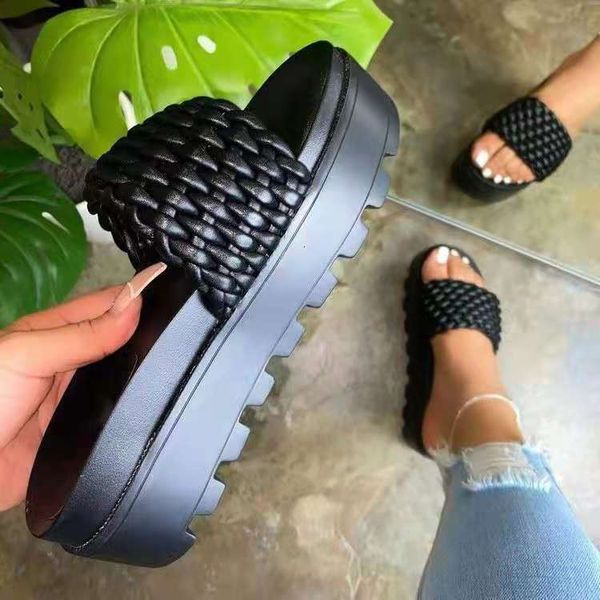 

luxury slippers large size flat thick bottom one-line sandal's slippers, Black