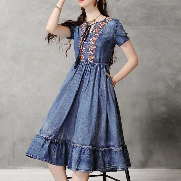 Fungus Ruffles Swing Abiti in denim per le donne Vintage Ricamo Fasciatura Nappa Elegante Office Lady Abiti 210525