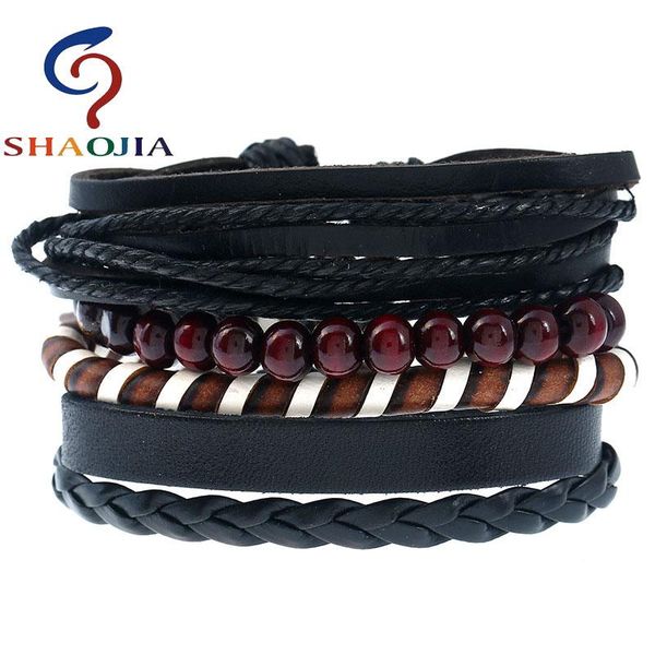 

tennis shaojia punk genuine wrap leather bracelets men buddha beads jewelry accessories manual making rope chain geometric bangles, Golden;silver