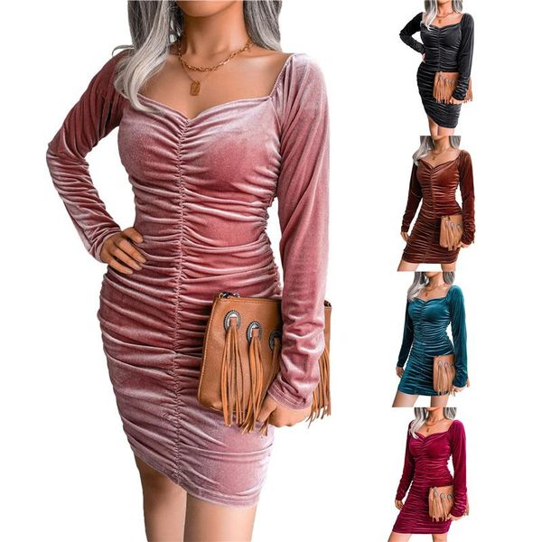 

casual dresses women off shoulder hip dress with pleated decoration skinny fit version spring clothing, Black;gray