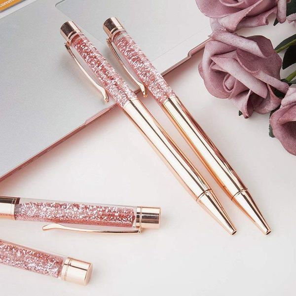 

ballpoint pen rose gold metal refill shine dynamic liquid sand black ink for office supplies pens, Blue;orange