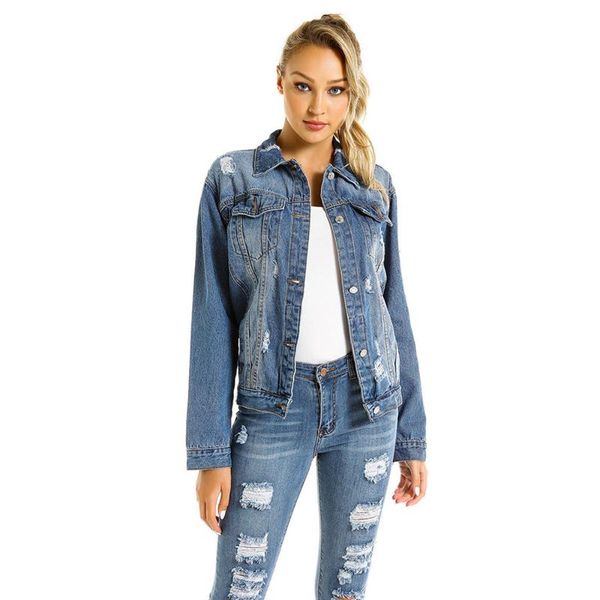 

women's jackets distressed ripped button front stretch casual jacket jean coat women destoryed long sleeve boyfriend loose denim, Black;brown