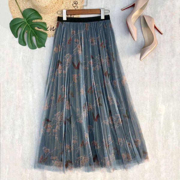

skirts spring and summer women's butterfly flower print high-waisted puffy gauze skirt long large a-line, Black