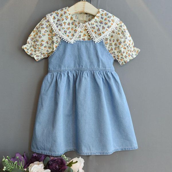 

clothing sets summer girls' style lace-side puff sleeve lapel +sling dress 2pcs baby kids clothes suit children, White