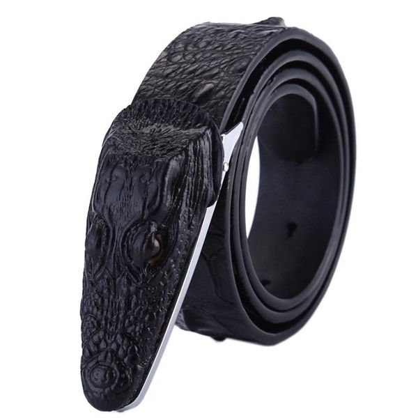 

high-grade 3d crocodile pattern men's waistband leather personality air smooth buckle tail with cowhide men belt punk luxury belts, Black;brown