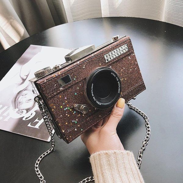 

evening bags qyahlybz band sequin personality reflective laser matte camera shoulder bag creative funny women's chain crossbody purses