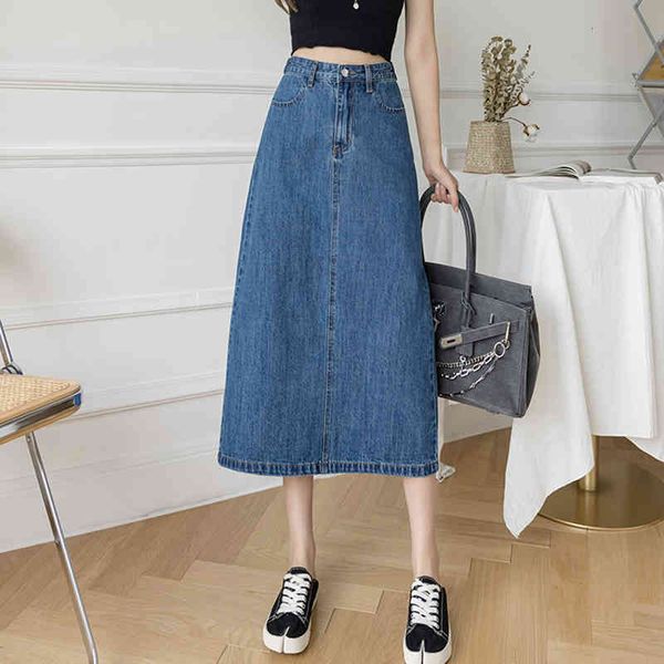 

skirts summer long denim women korean fashion high waist a line slit blue beige color jeans jupe en jean z58g, Black