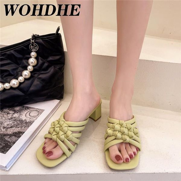 

summer women slipper brand weave pu leather ladies sandal shoes low open toe square heels slides beach flip flops 2021 slippers, Black