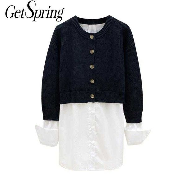 

getspring women sweater color matching patchwork vintage cardigan plus size black gray long knitting 210601, White
