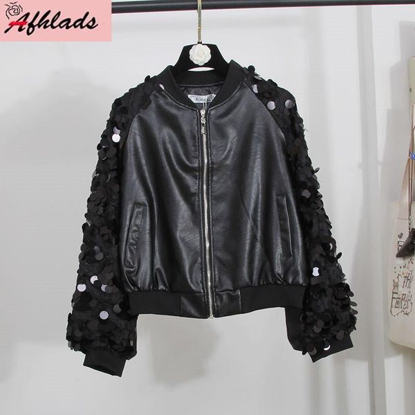 

women's jackets winter women clothes fashion outerwear lace sequin patchwork long-sleeved autumn loose black leather jacket coats, Black;brown