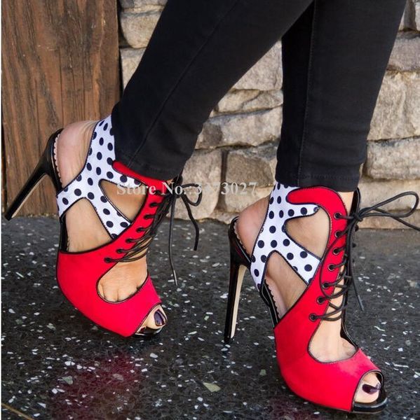 

mixed color lace-up woman sandals red and white peep toe stiletto heels gladiator lady large size pumps, Black