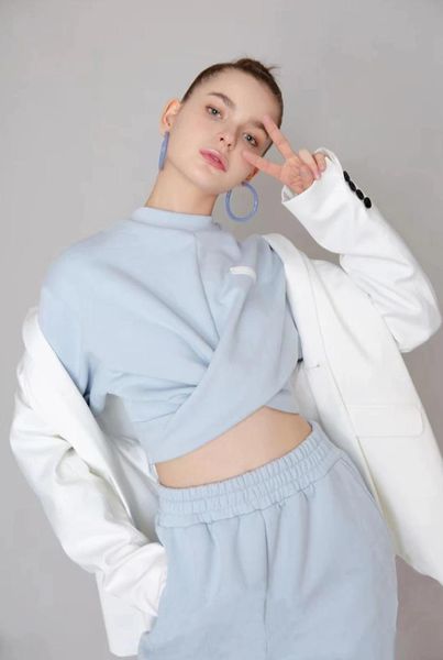 

autumn two-piece women set 95% cotton 5% spandex fashion casual cross waist loose trousers suit women's two piece pants, White