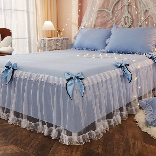 

bedding sets pink bowknot net yarn bed skirt princessthree-piece suit with pillowcase girl sheet dust cover comforter king