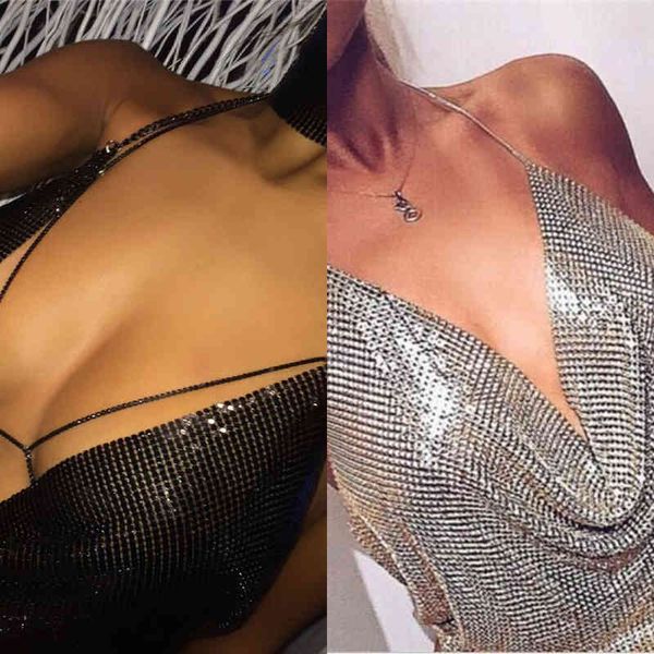 

nxy women's tanks & cami's metal sequins camisoles backless chain halter crop party dance club wear lady ruched deep v streetwea, White