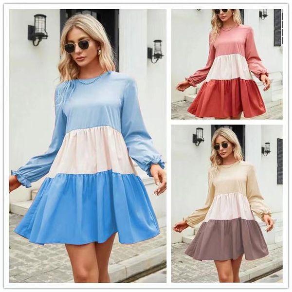 

casual dresses product stitching contrast color dress women o-neck loose a-line autumn long sleeve beach lady vestidos, Black;gray