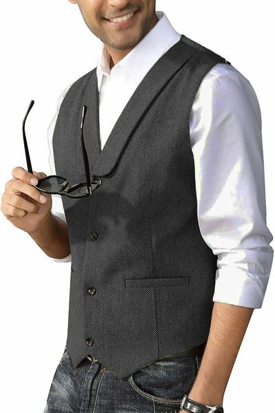 

men's vests dark grey men herringbone tweed shawl collar suit waistcoat sleeveless jacket tailor-made formal winter business clothing, Black;white