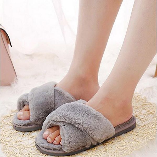 

winter women house slippers faux fur warm flat shoes 2021 female slip on home furry ladies size 36-43 wholesale, Black