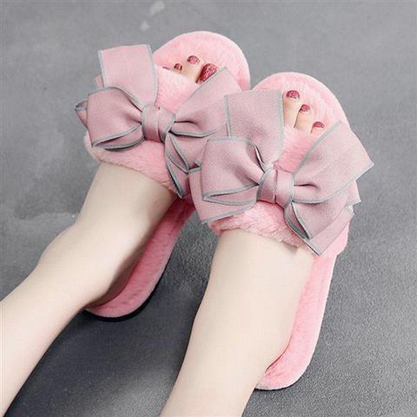 

slippers women 2021 fur slides winter house big silk bow fashion warm indoor shoes ladies soft cross, Black
