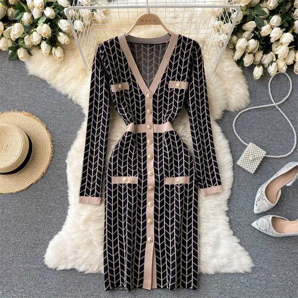 

singreiny women design plaid knitted dress long sleeve v neck single breasted slim sheath es autumn bodycon sweater 211109, Black;gray