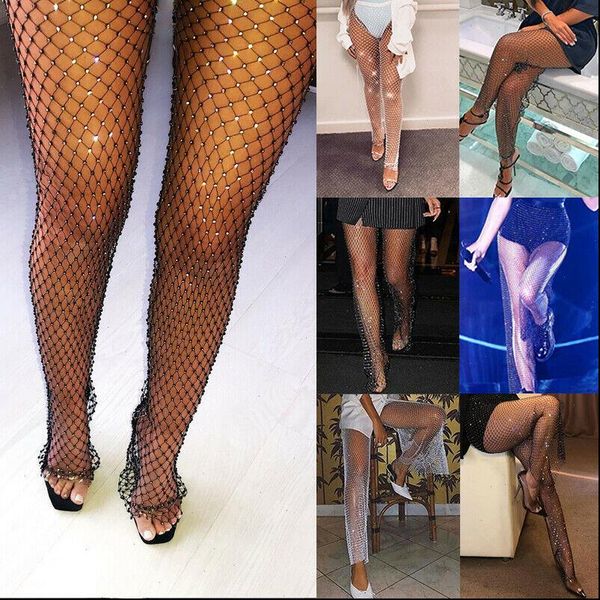 

crystal diamond women leggings shiny pants elastic fishnet long trouser see through hollow out high waist clubwear, Black