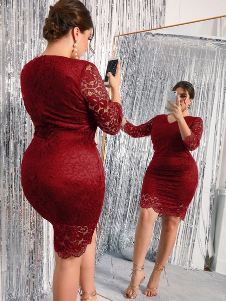 

plus solid lace bodycon dress t35a#, Black