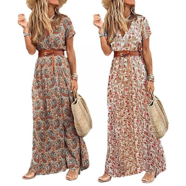 

casual dresses women boho long dress retro sleeve v neck beach belted elegant print flower ladies maxi vintage split robe c2e7, Black;gray