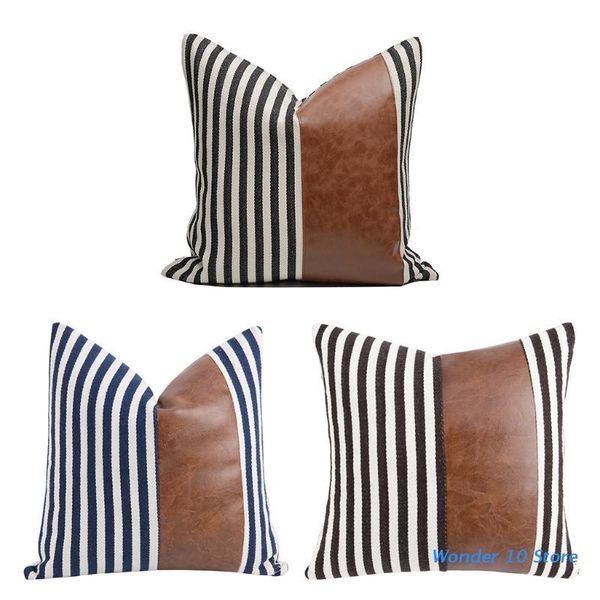 

pillow case farmhouse throw faux leather striped patchwork sqaure cushion cover