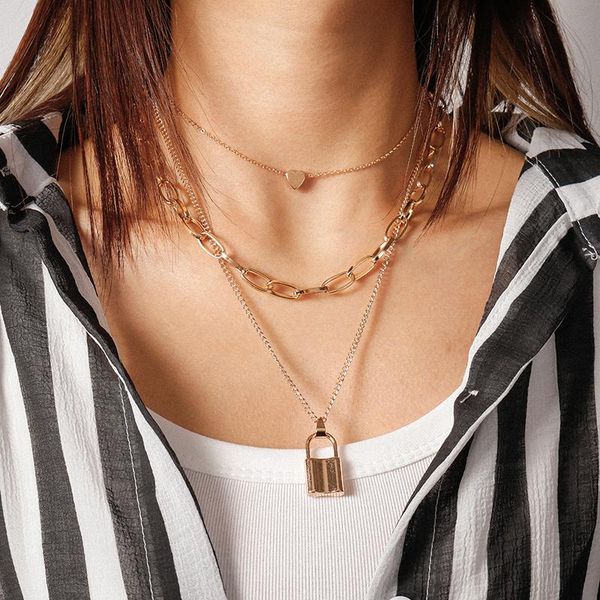

pendant necklaces layered chain necklace neck chains heart lock jewelry for women men punk choker padlock goth clothes accessories, Silver