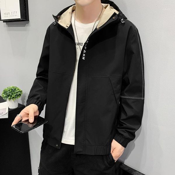 

men's jackets spring and autumn 2021 korean version of the jacket with a hat loose fashion youth casual jacke, Black;brown