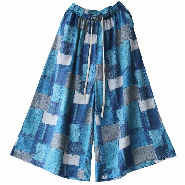 

women's pants & capris johnature 2021 summer vintage linen women wide leg plaid blue elastic waist pockets trouser loose cotton, Black;white