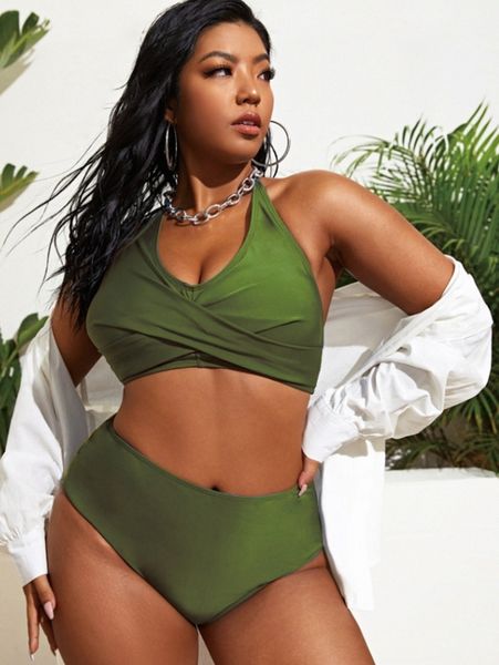 

plus twist front halter bikini swimsuit w6al#, Black
