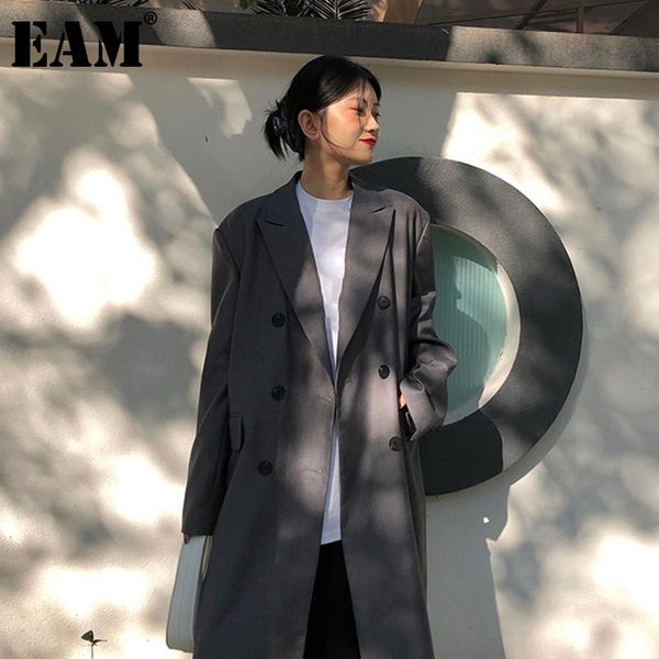 

[eam] gray double breasted big size women blazer lapel long sleeve loose fit jacket fashion tide spring autumn 2021 1dd6459 women's sui, White;black