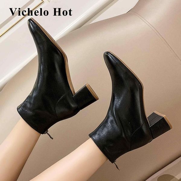 

boots vichelo work genuine leather all-match dating round toe high square heels zipper modern catwalk maiden ankle l62, Black